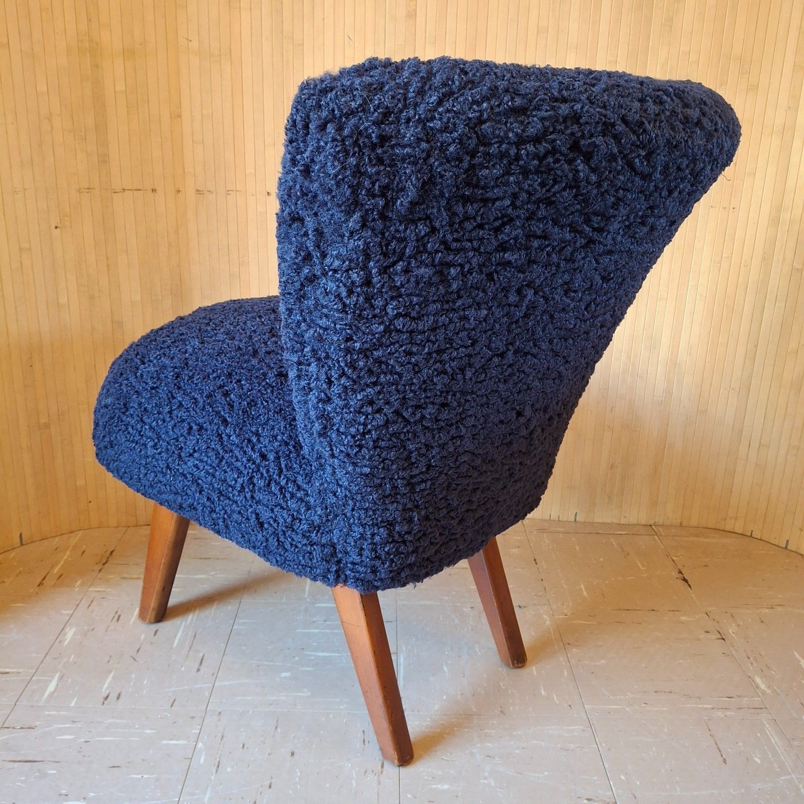 photo for sale Fab Vintage Mid Century German Bartholomew Cocktail Chair Navy Ink Blue Faux Fur