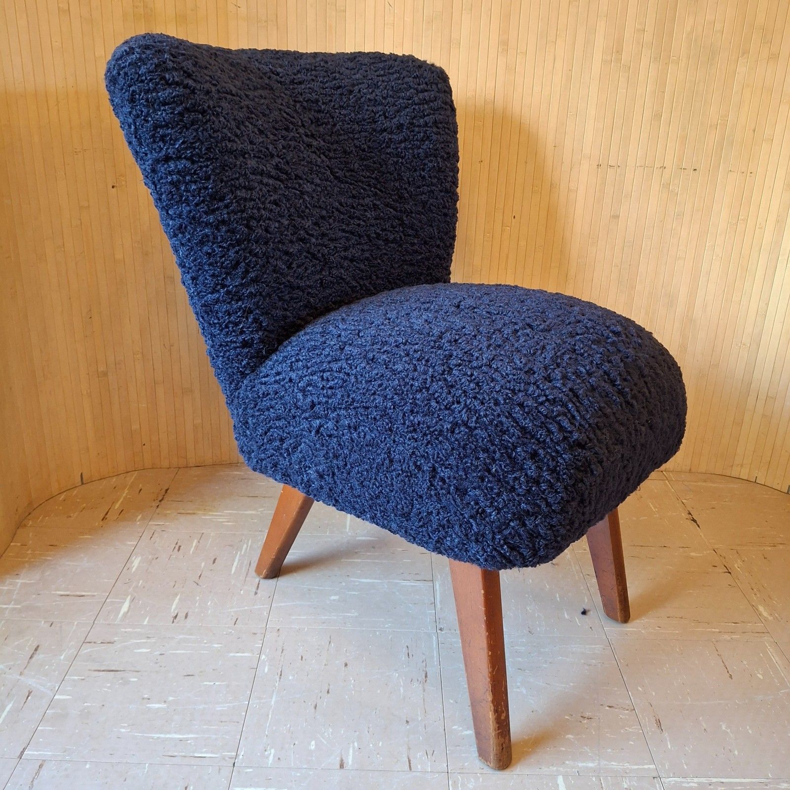 photo buy Fab Vintage Mid Century German Bartholomew Cocktail Chair Navy Ink Blue Faux Fur