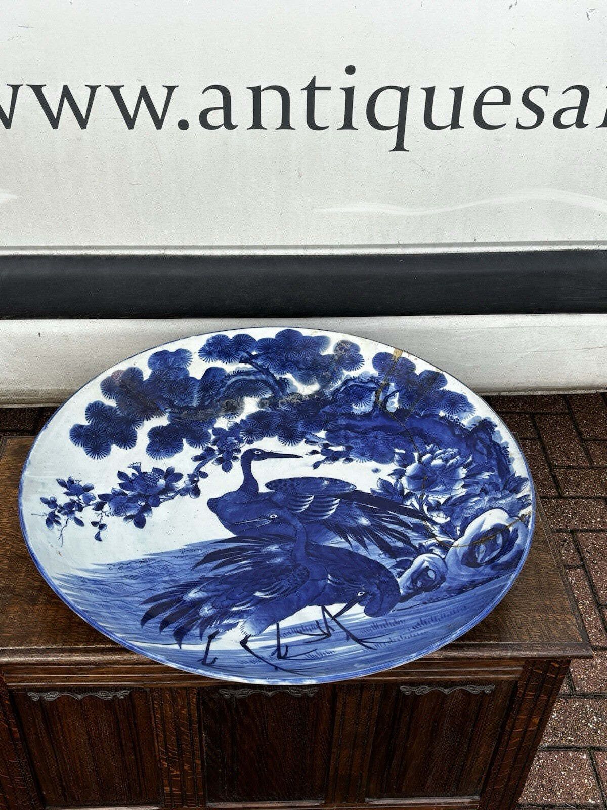 Very Large Antique Japanese Imari Blue And White Hand Painted Charger Plate photo vinterior