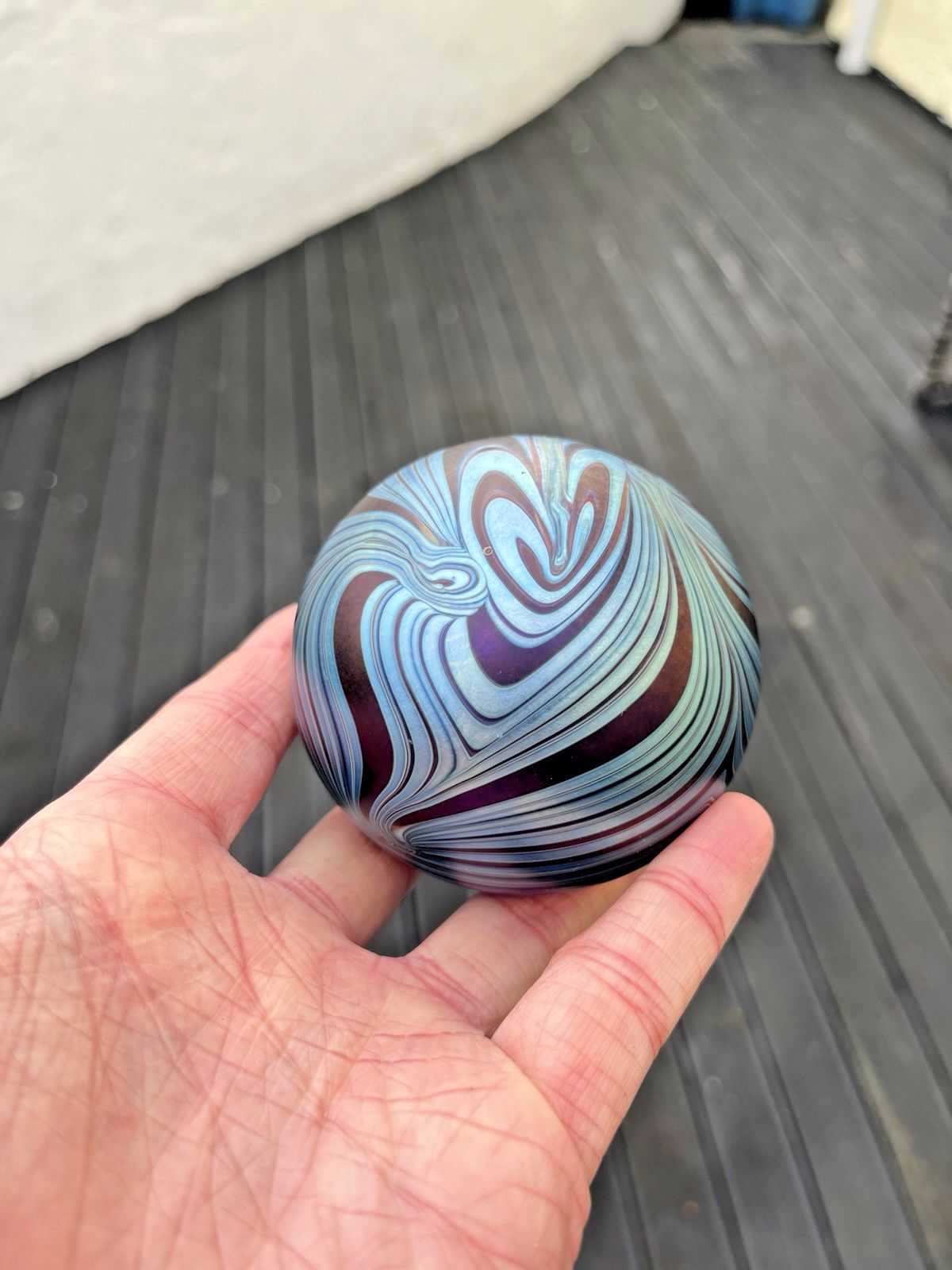 110.0 C1988 Iridescent Okra Heart Swirl Studio Glass Feathered Paperweight R Golding photo