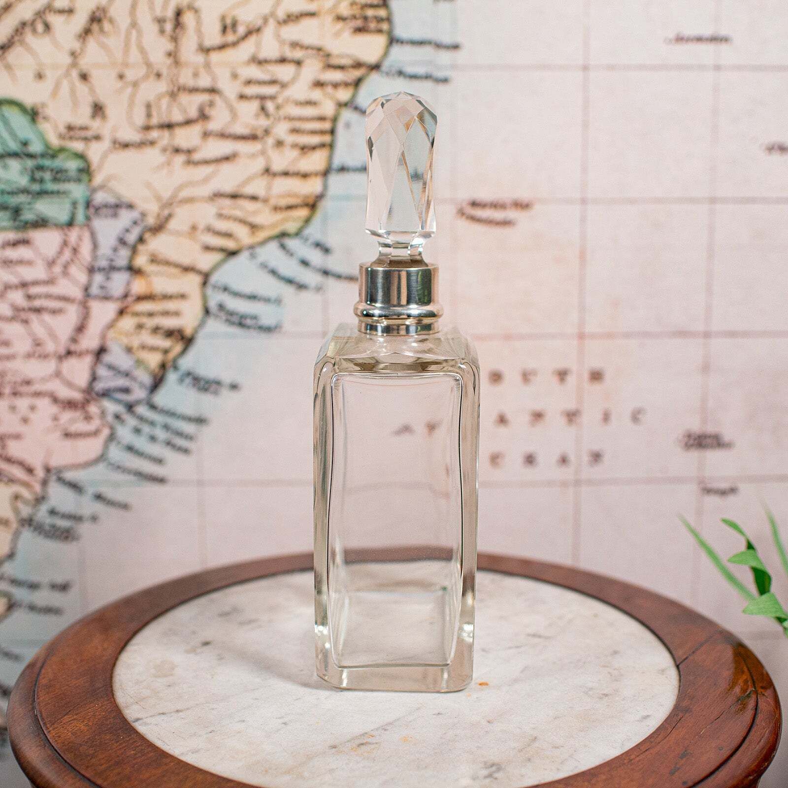 Antique Whiskey Decanter, English Glass Scotch Bottle, Silver Collar, Hallmarked photo Home Decor