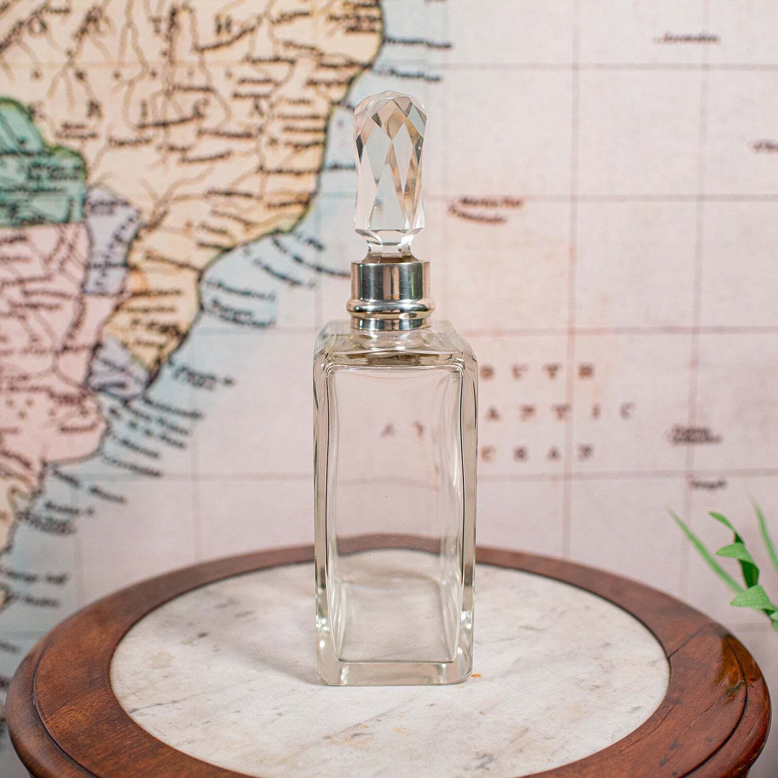 Antique Whiskey Decanter, English Glass Scotch Bottle, Silver Collar, Hallmarked photo vinterior