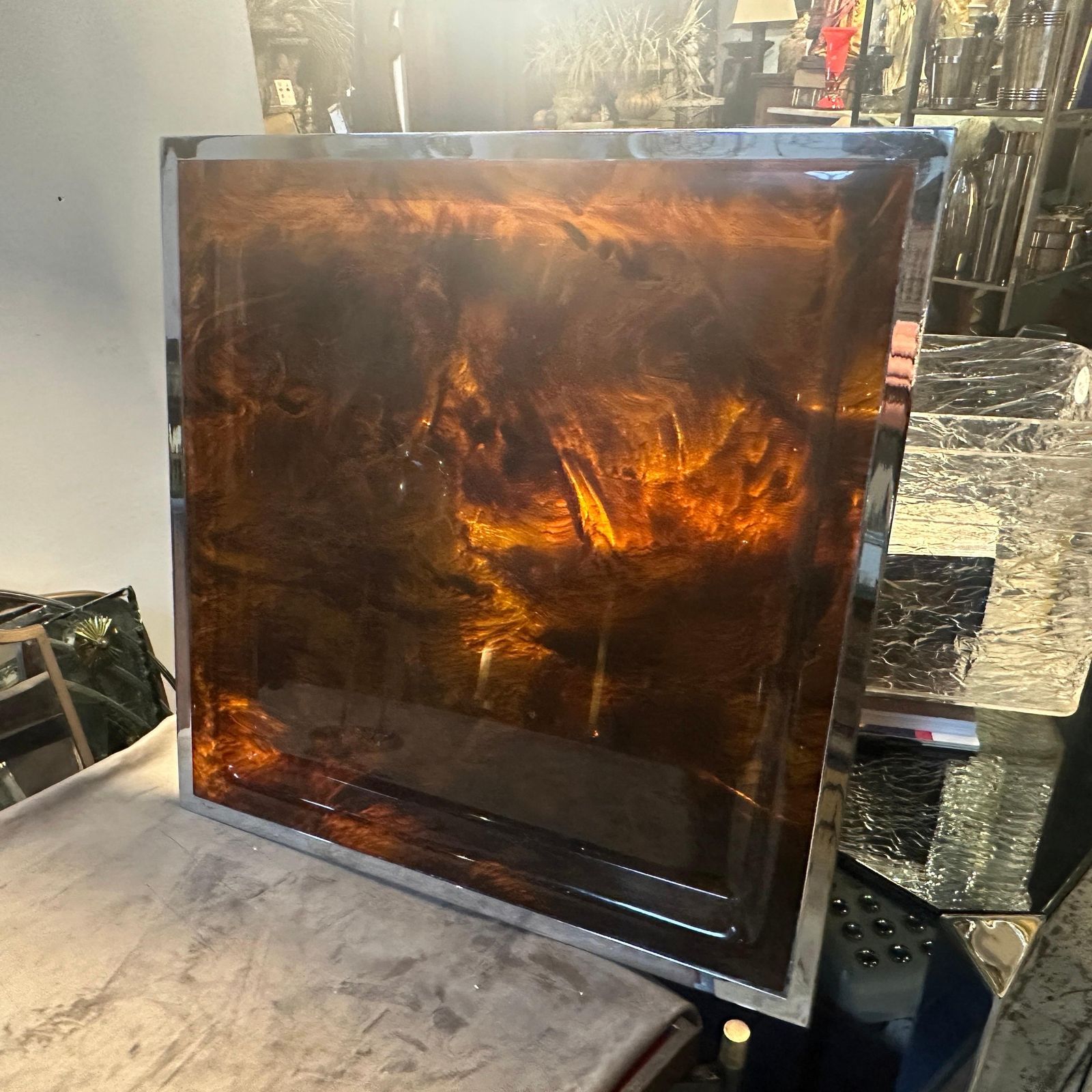 1980s Modernist Faux Tortoiseshell Lucite Square Tray By Ulderico Cavinato photo 649.0