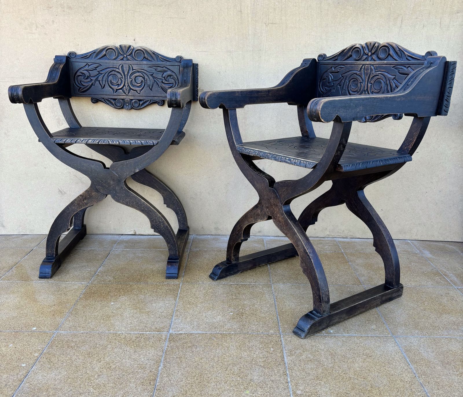 photo for sale Pair Of Spanish Renaissance Revival Carved Savonarola Chairs, Early 20th Century