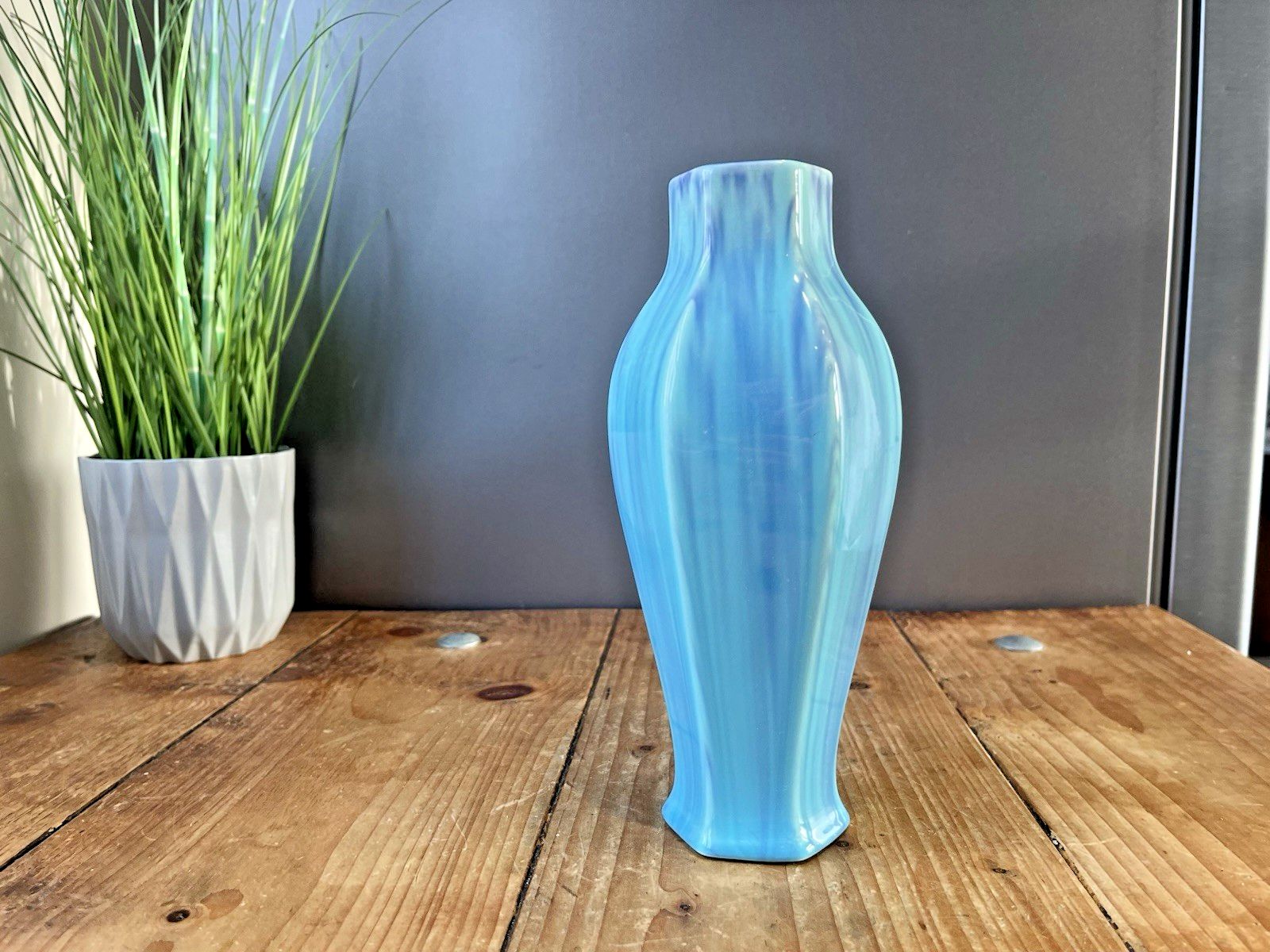 Rare Antique Art Deco James Plant & Son Mottled Turquoise Blue Drip Glaze Vase