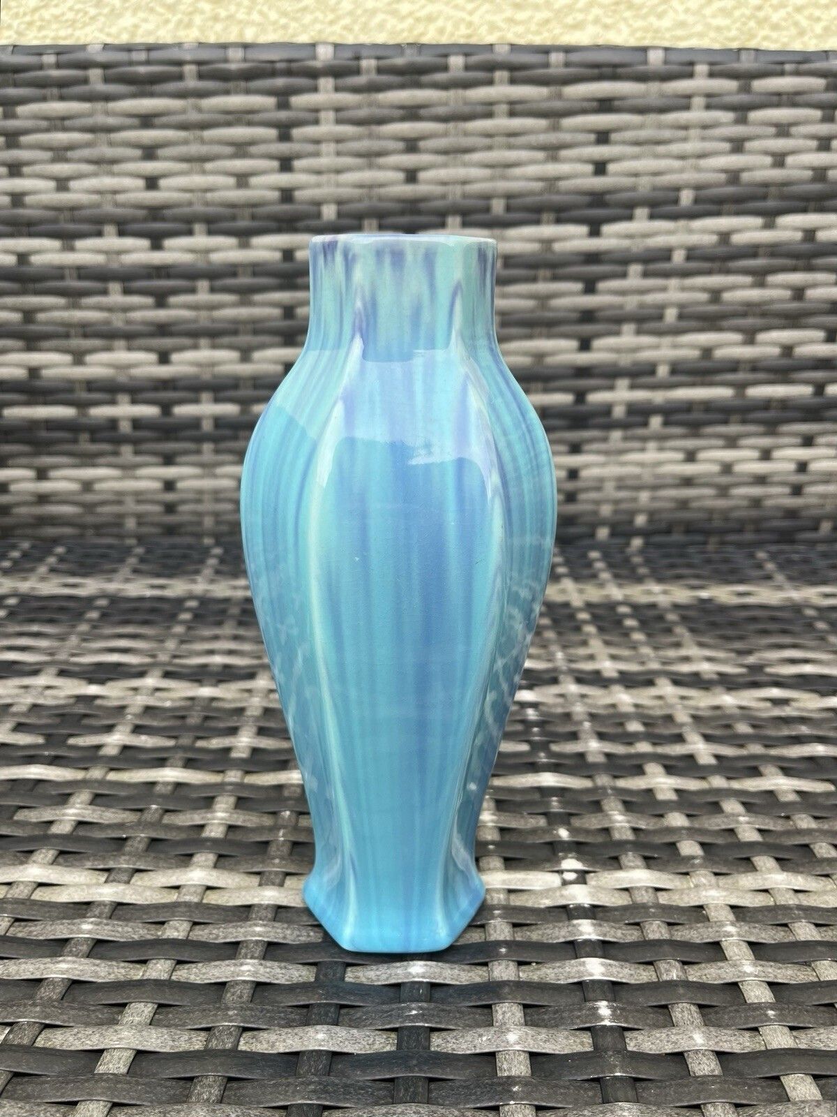 Rare Antique Art Deco James Plant & Son Mottled Turquoise Blue Drip Glaze Vase photo vinterior