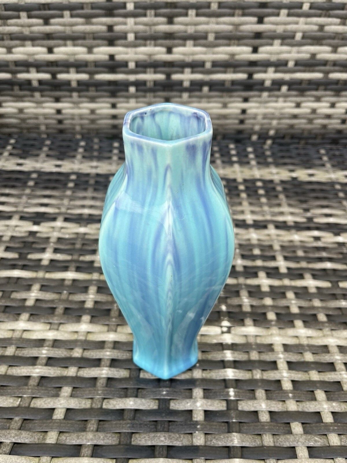 Rare Antique Art Deco James Plant & Son Mottled Turquoise Blue Drip Glaze Vase photo vintage