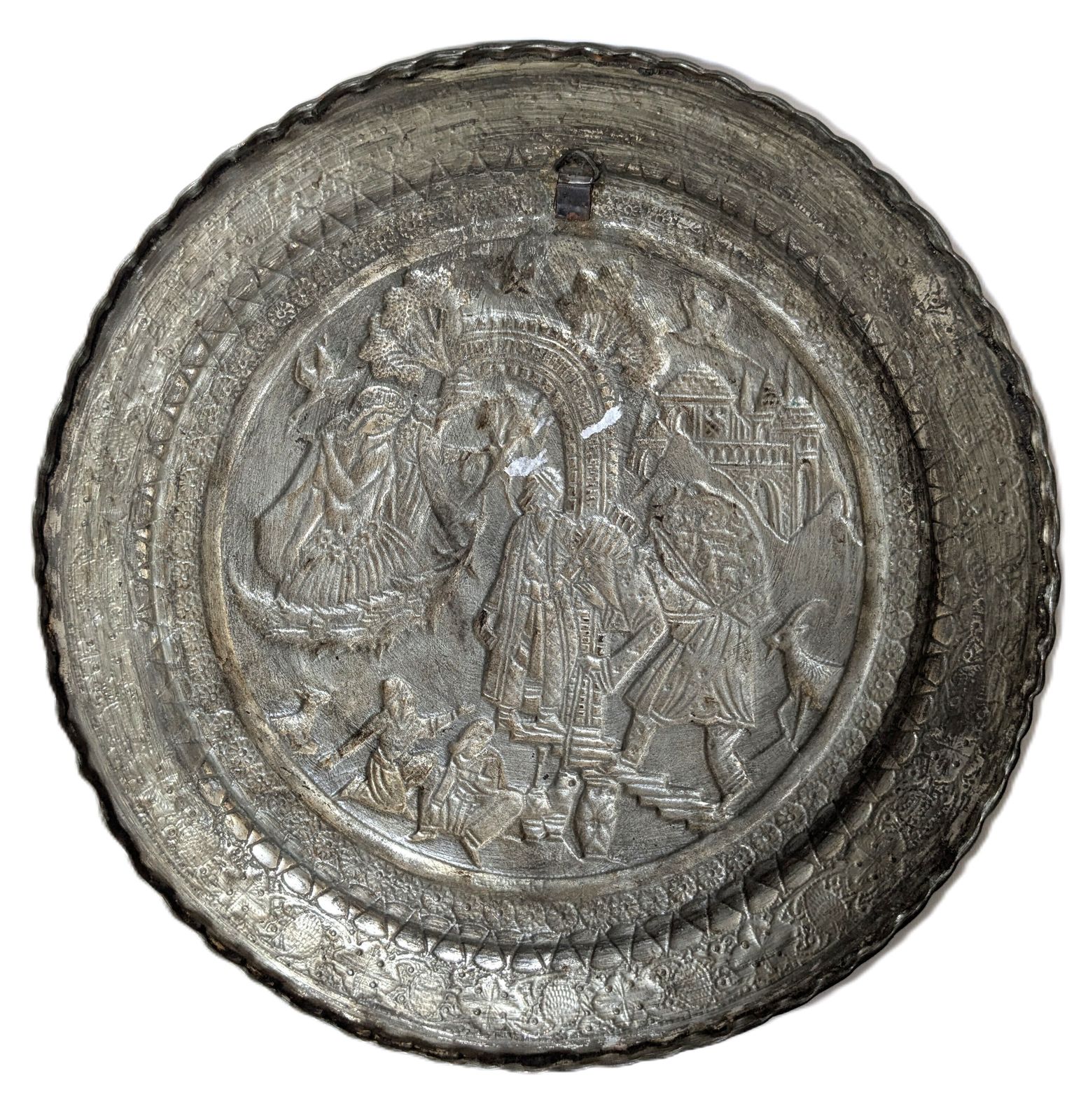 Art Antique Islamic Qajar Tinned Brass Charger With Intricate Hammered And Etched Scenery photo