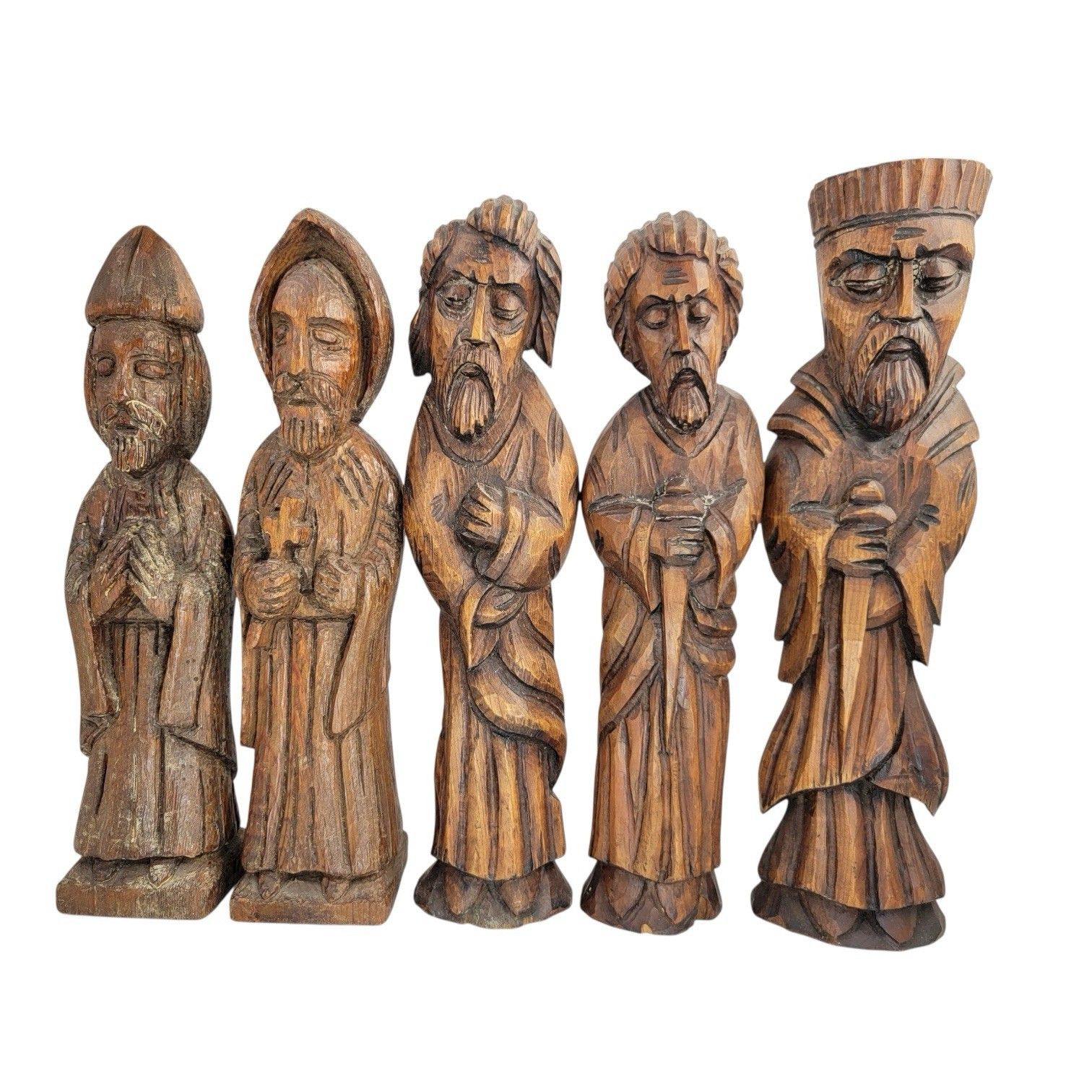 Rare Set Of 5 Signed Franz Keller German Carved Wood Statues Vintage Folk Art