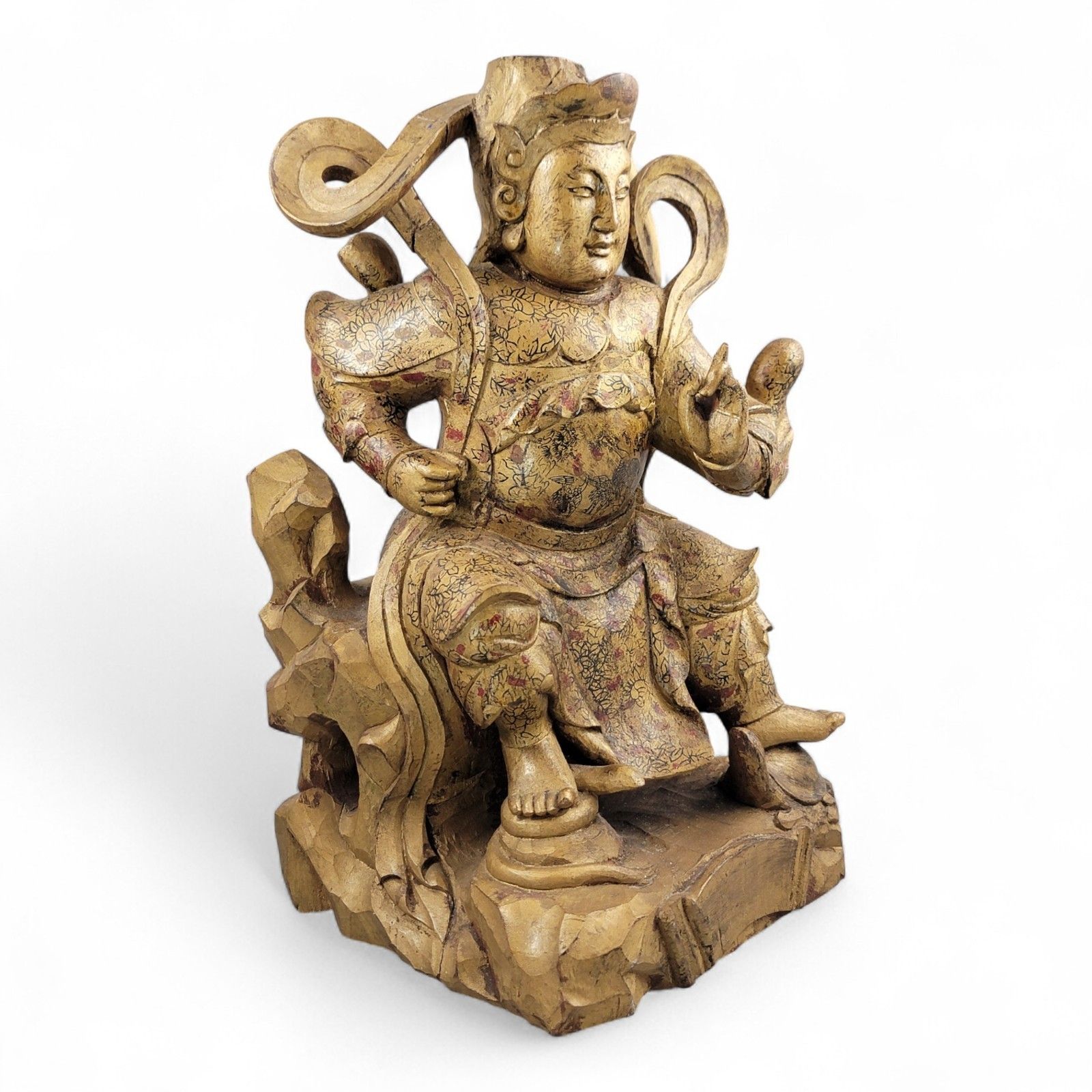 Large 19th Century Chinese Temple Guardian “Zhenwu”, Gilt Painted Wood Figurine