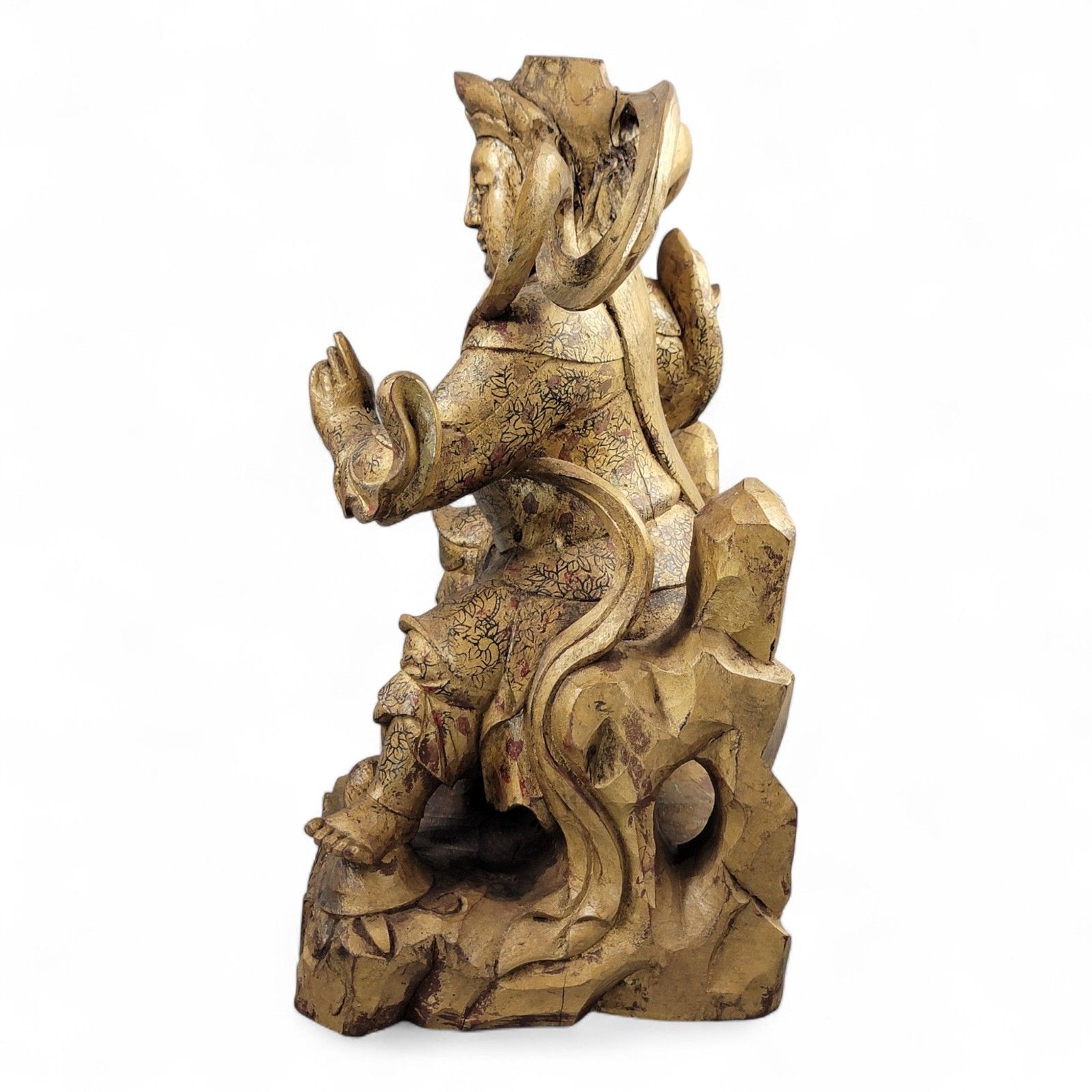 Large 19th Century Chinese Temple Guardian “Zhenwu”, Gilt Painted Wood Figurine photo Art