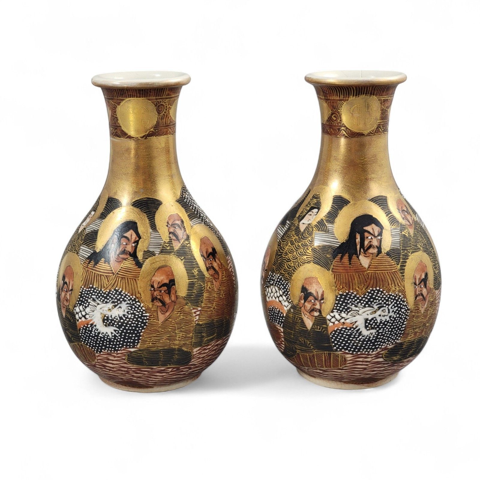 Antique Japanese Satsuma Gilt Vases Pair, Kyoto Arhats Design, C. 1890–1910