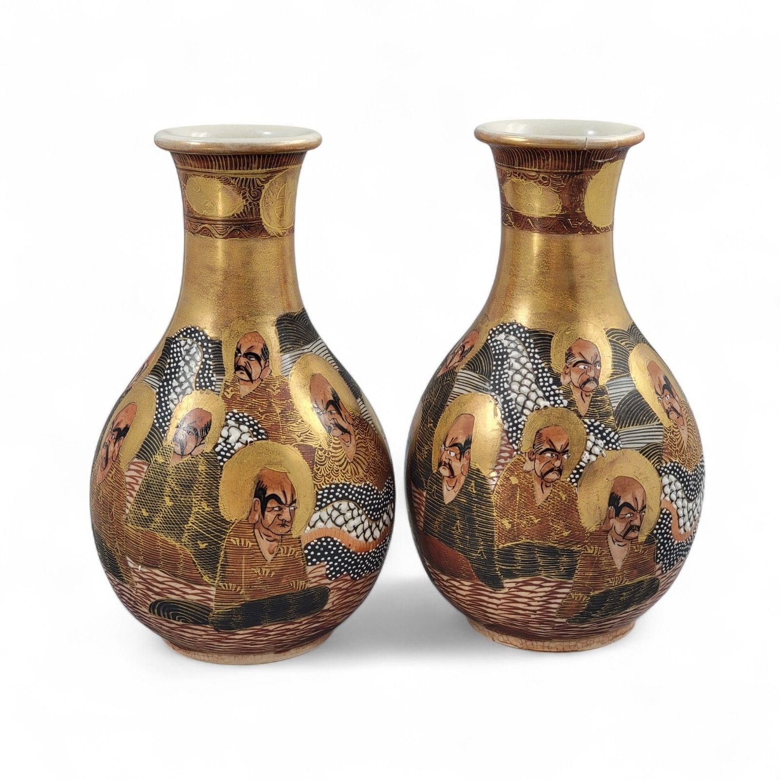 Antique Japanese Satsuma Gilt Vases Pair, Kyoto Arhats Design, C. 1890–1910 photo for sale