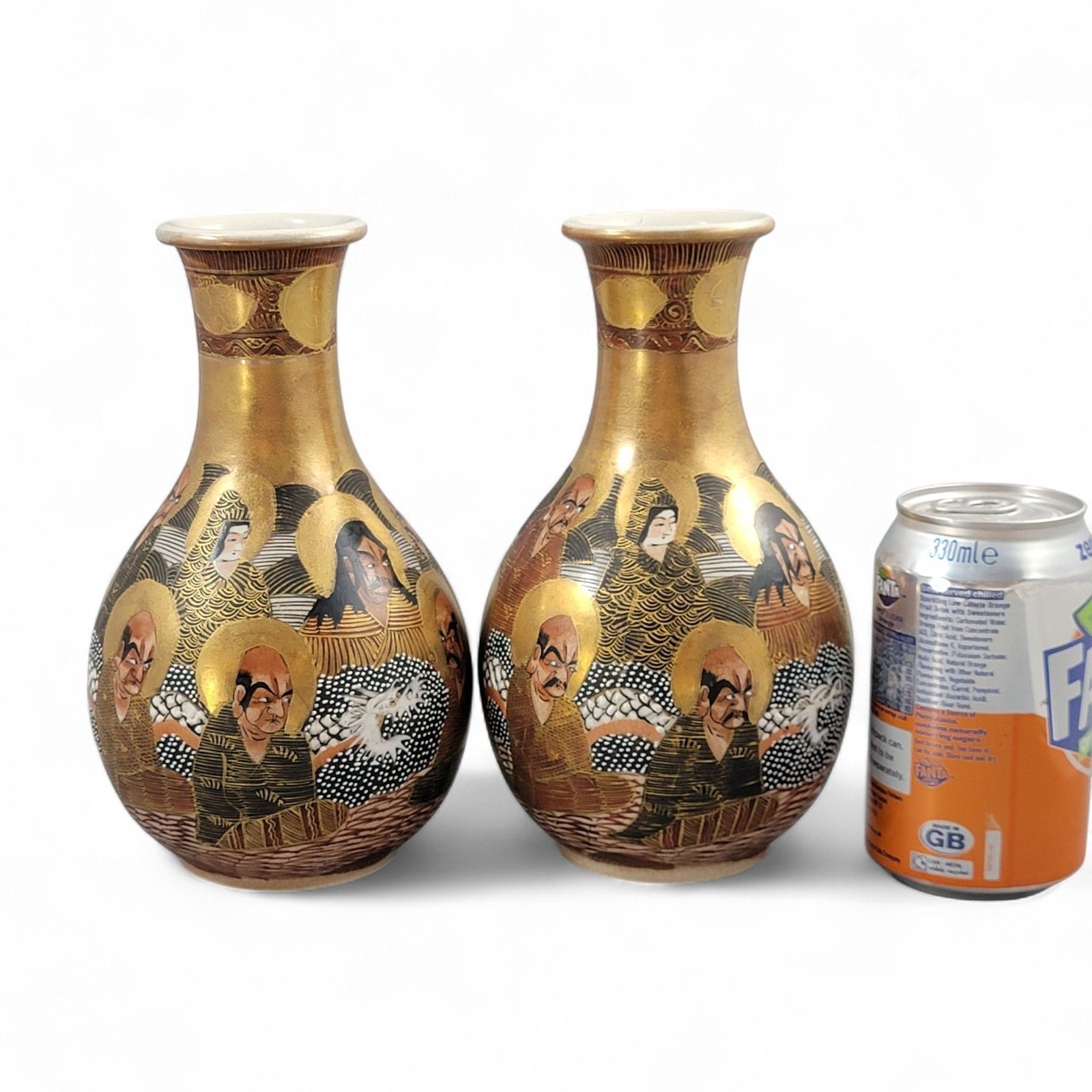 Antique Japanese Satsuma Gilt Vases Pair, Kyoto Arhats Design, C. 1890–1910 photo buy