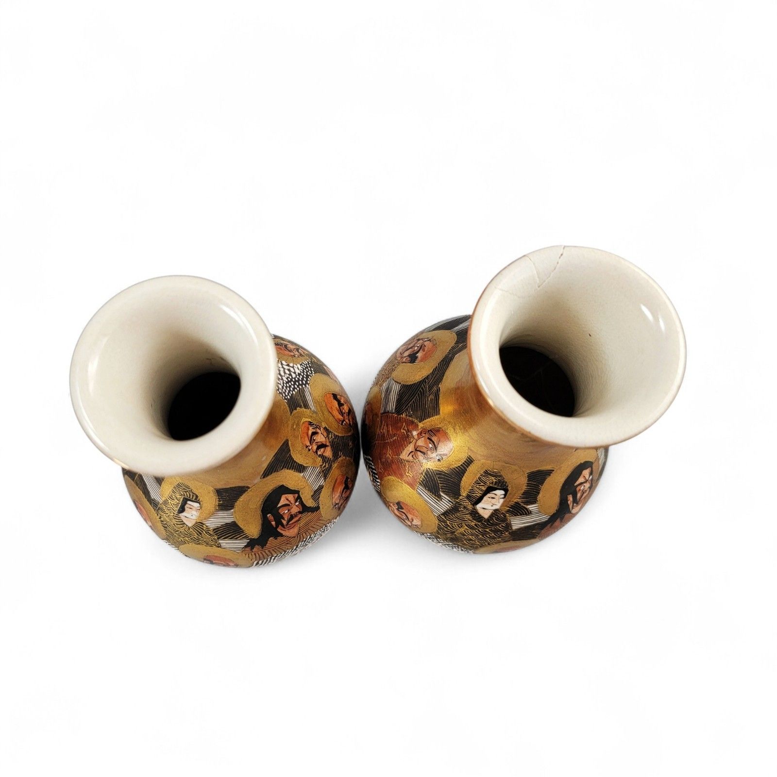 Antique Japanese Satsuma Gilt Vases Pair, Kyoto Arhats Design, C. 1890–1910 photo vintage