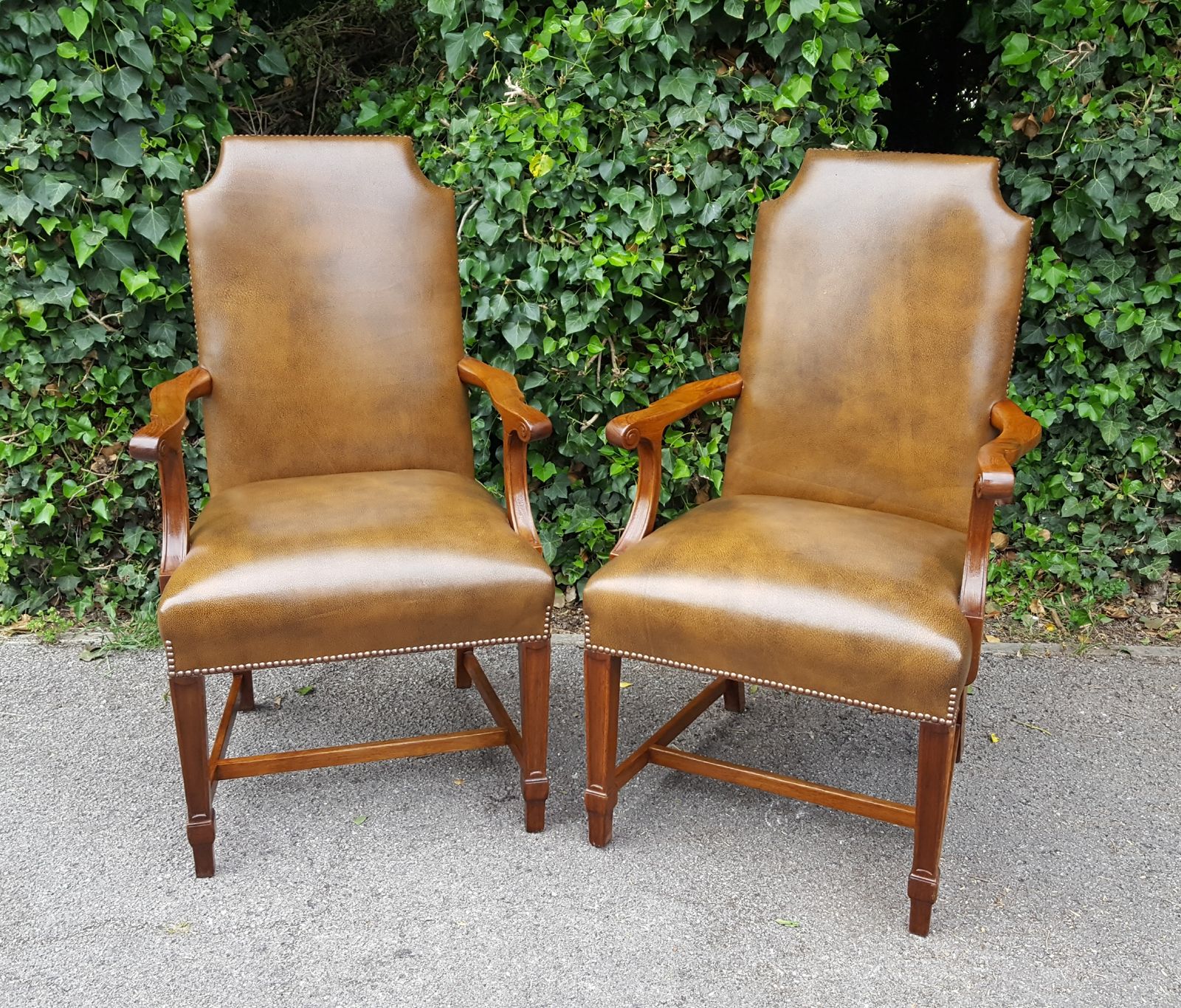 Matching Pair Of Mahogany & Brown Leather Office Chairs photo Furniture