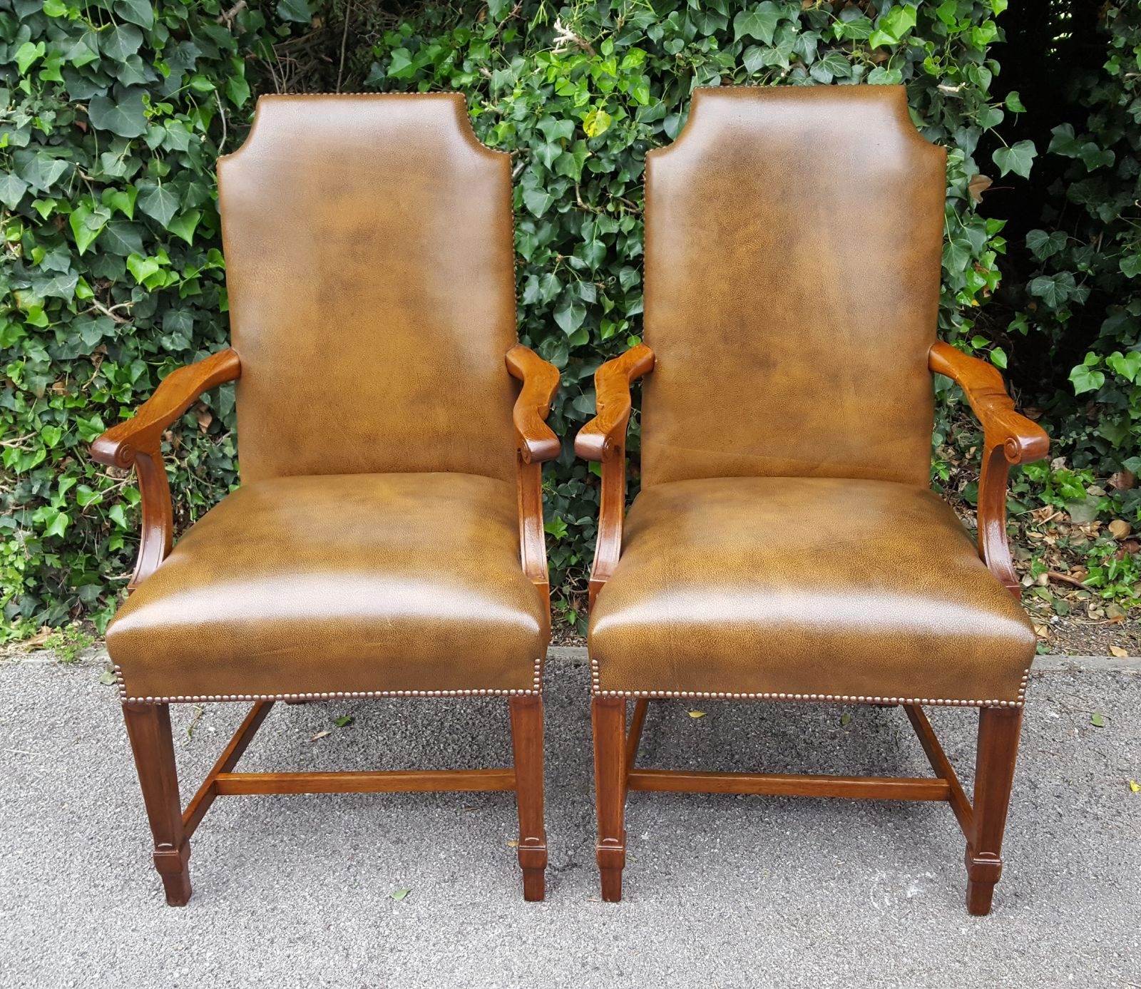 Matching Pair Of Mahogany & Brown Leather Office Chairs photo vinterior