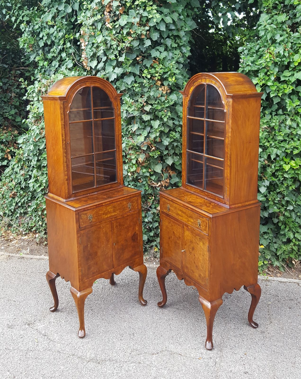 Pair Queen Anne Walnut Bookcase Display Cabinets On Base photo for sale