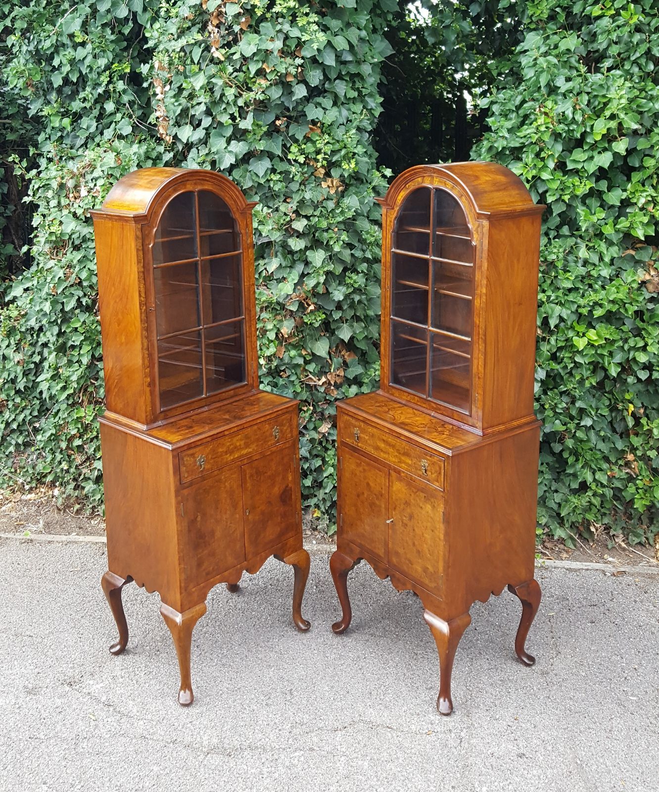 Pair Queen Anne Walnut Bookcase Display Cabinets On Base