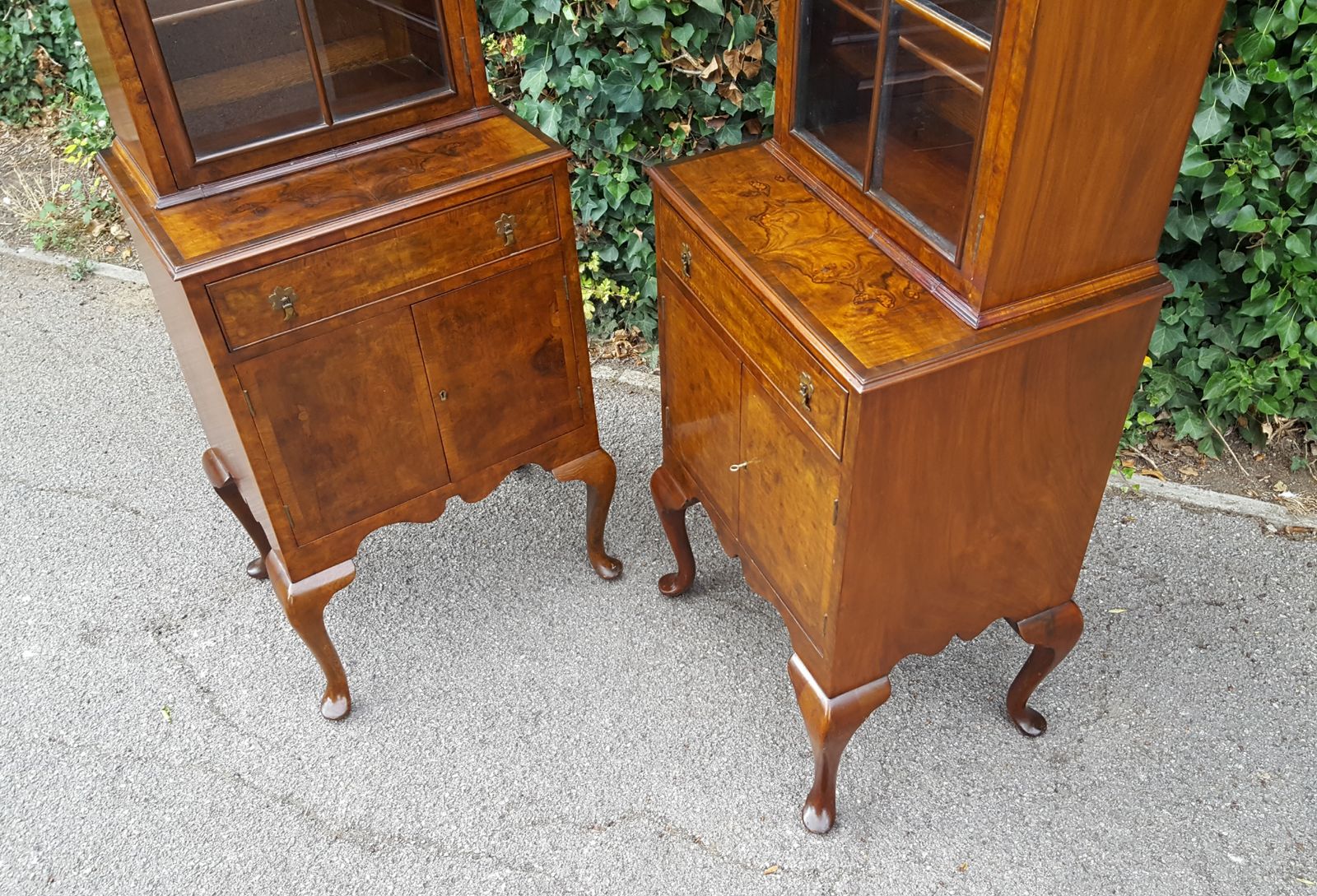photo buy Pair Queen Anne Walnut Bookcase Display Cabinets On Base