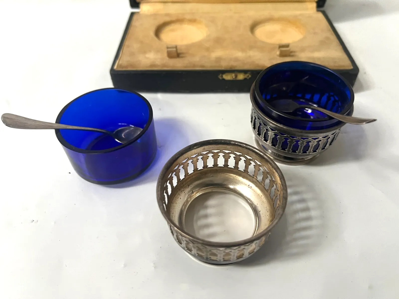 Salt And Pepper Box In Silver Metal And Bluish Glass 20th Century photo Home Decor