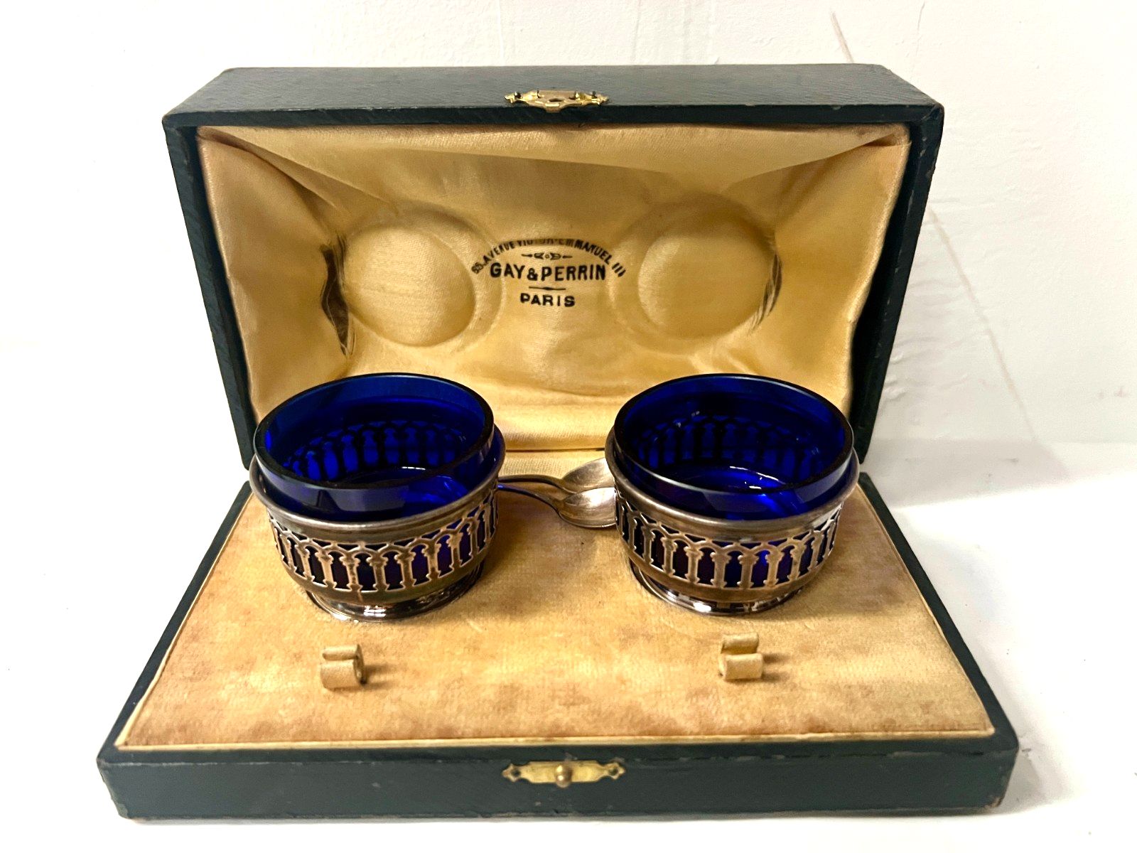 Salt And Pepper Box In Silver Metal And Bluish Glass 20th Century photo buy