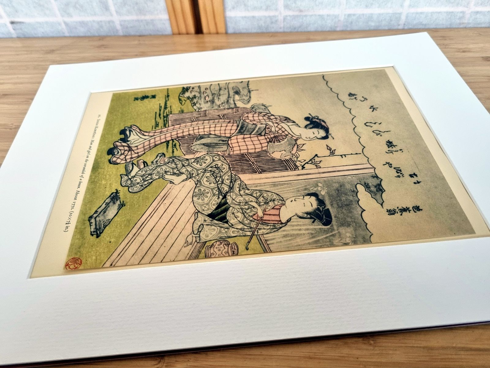 Japanese Print, Isoda Koryusai Basho Scene, 1950s Color Mounted Art, Edo Period Woodblock Style photo furniture