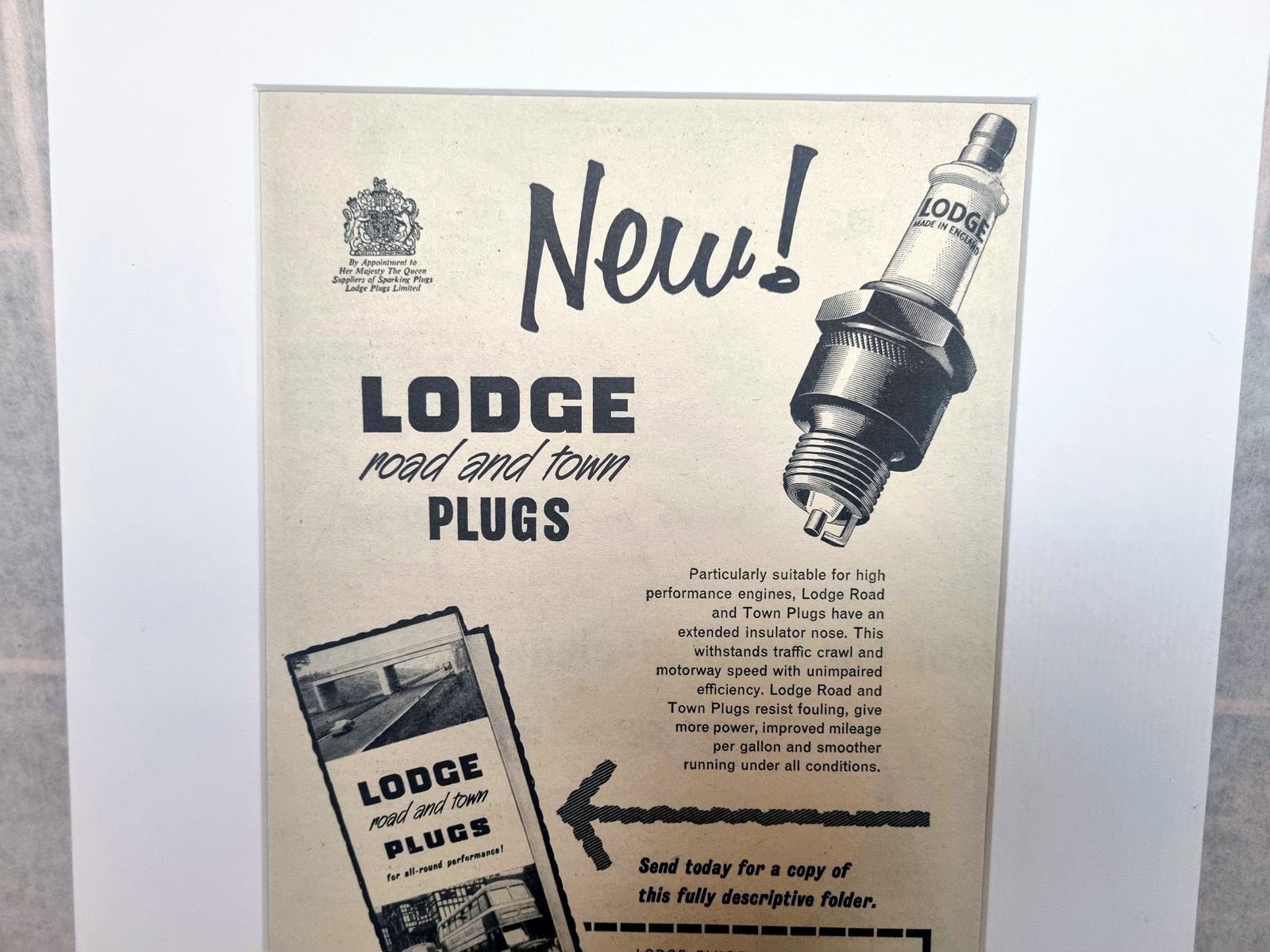 Vintage Motor Advert Print, Lodge Road Town Plugs, 1950s British Spark Plug Advertisement, Classic Car Wall Art, Mounted photo vinterior