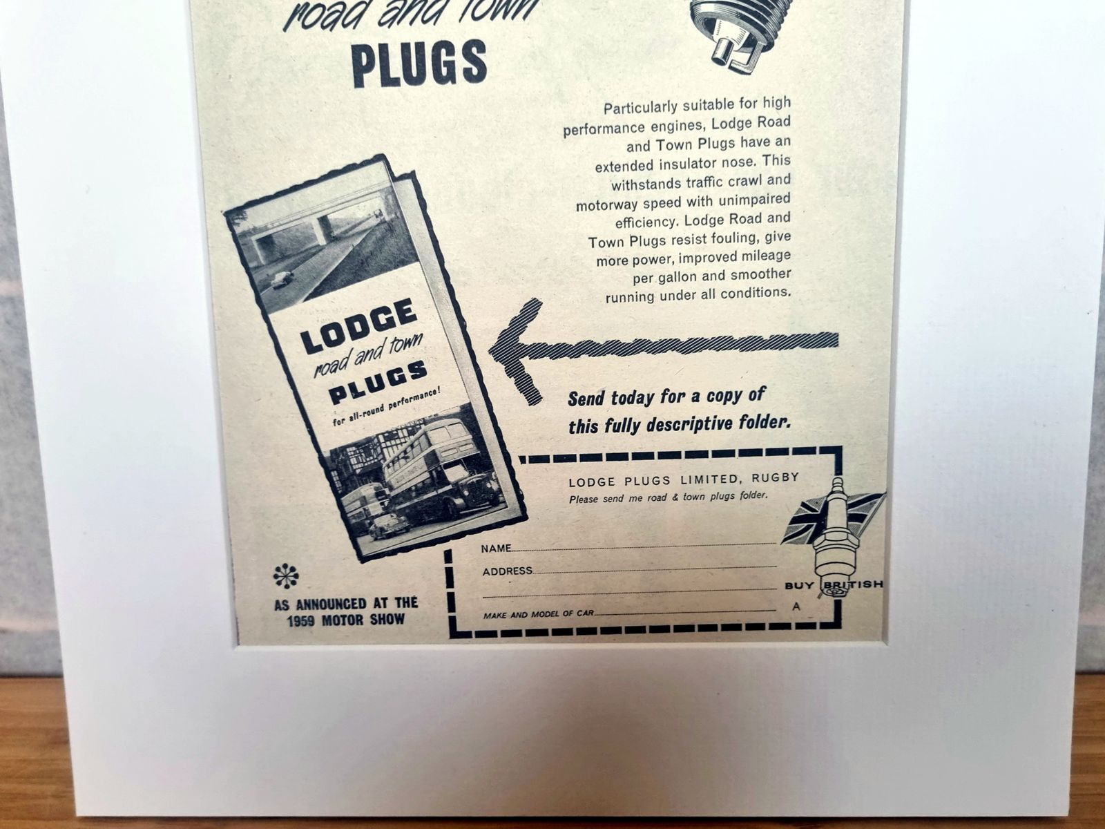 photo furniture Vintage Motor Advert Print, Lodge Road Town Plugs, 1950s British Spark Plug Advertisement, Classic Car Wall Art, Mounted