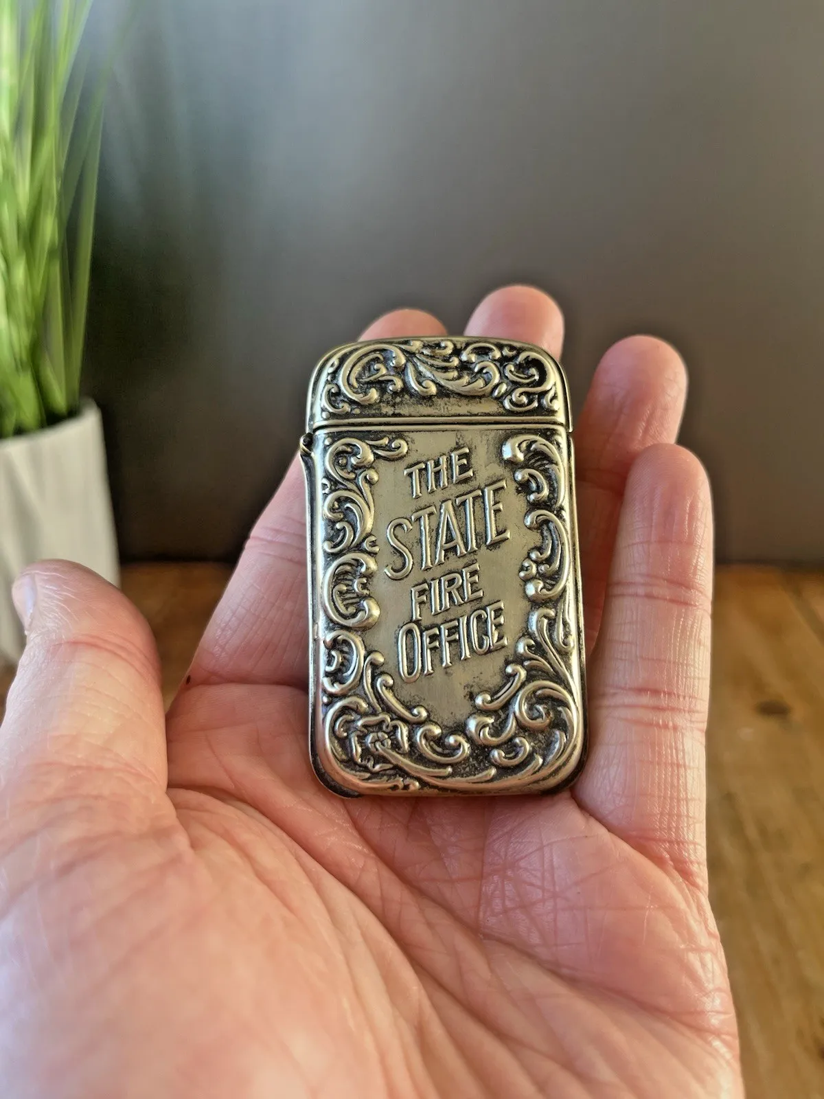 Antique Art Nouveau White Metal The State Fire Office Sf Vesta Case Match Holder