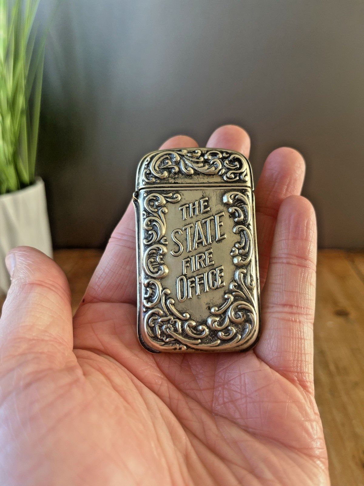 Antique Art Nouveau White Metal The State Fire Office Sf Vesta Case Match Holder photo furniture