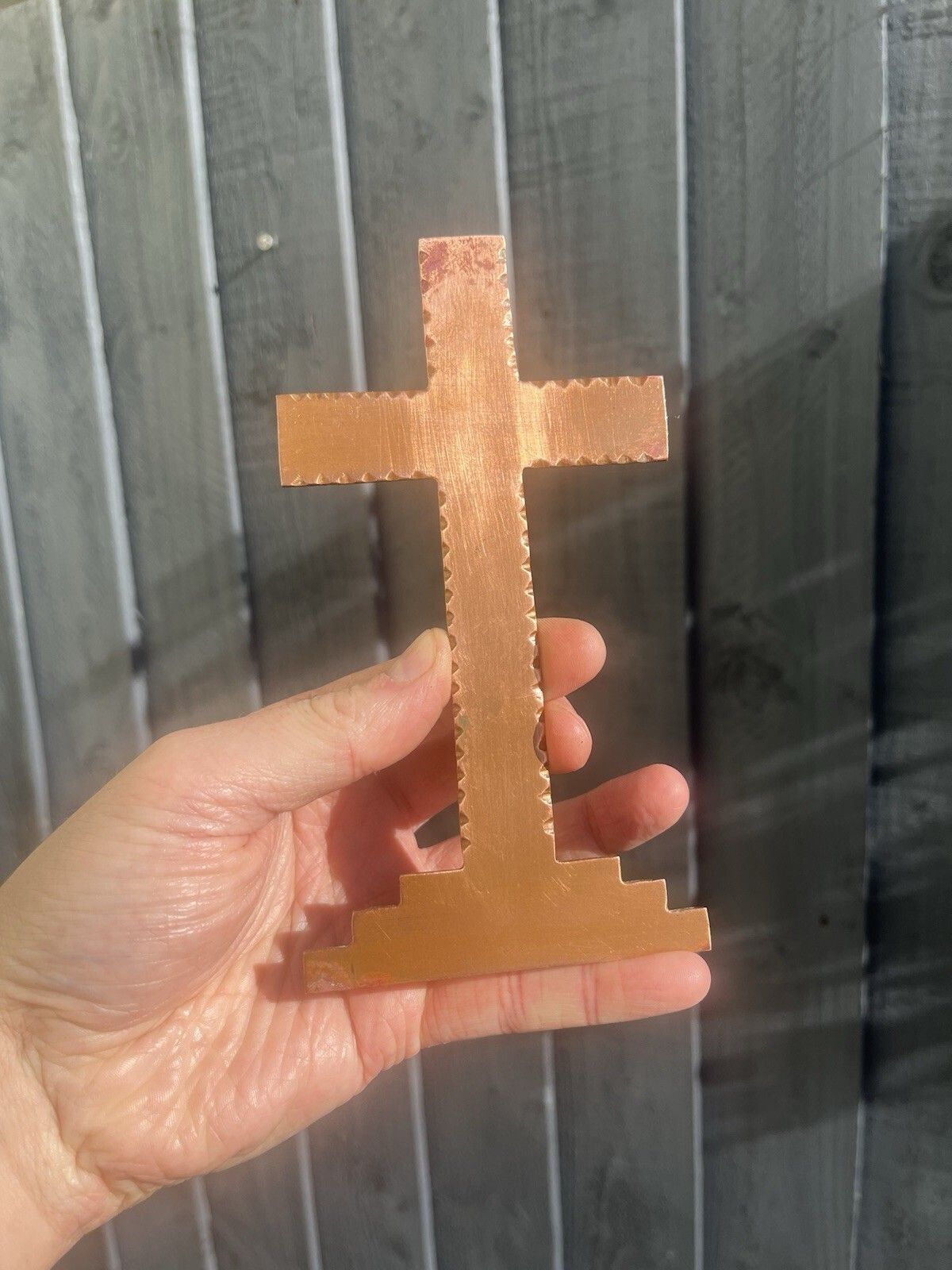 Antique Art Deco Stepped Base Freestanding Copper Crucifix Church Cross Jesus