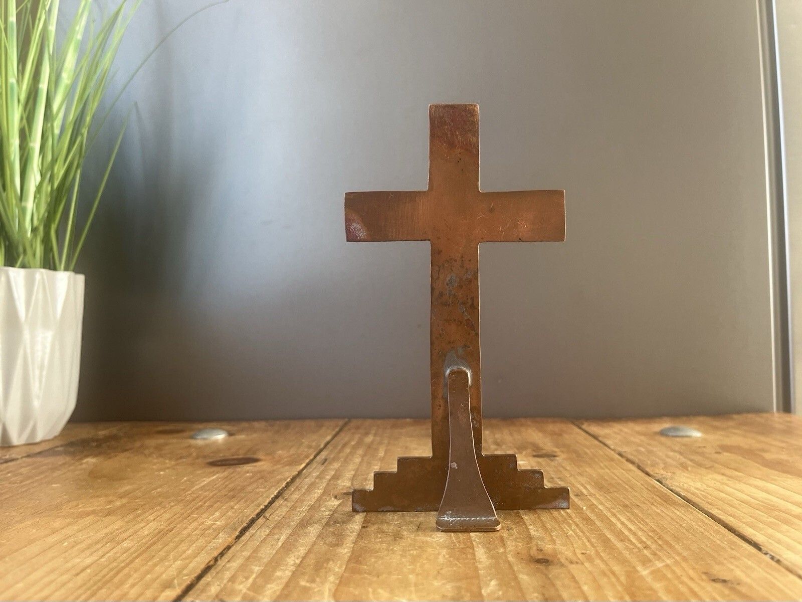 Antique Art Deco Stepped Base Freestanding Copper Crucifix Church Cross Jesus photo 60.0