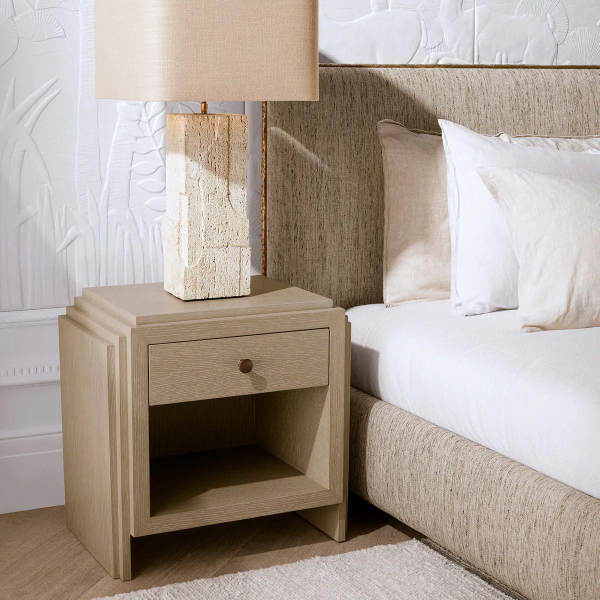 Set Of Two Art Deco Bedside Tables   Washed Oak Veneer, Bronze Finish photo for sale