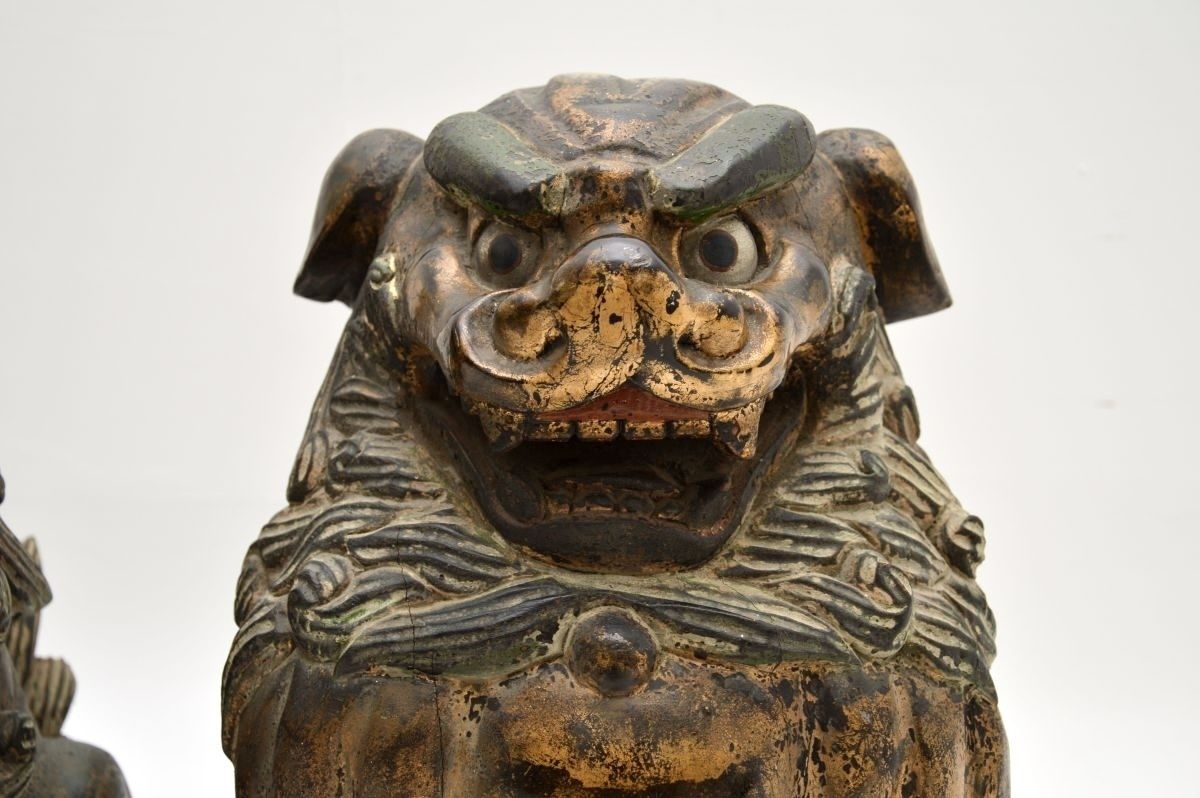 Pair Of Antique Chinese Carved Wood Foo Dog Statues photo vinterior