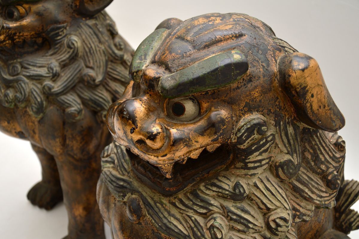 Pair Of Antique Chinese Carved Wood Foo Dog Statues photo buy