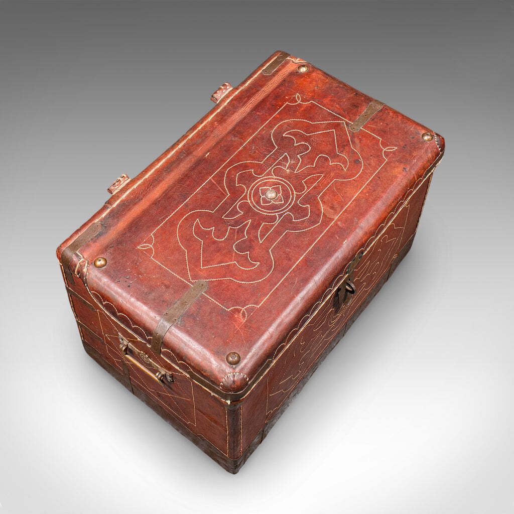 Antique Casablanca Travel Trunk, African, Leather, Portmanteau Case, Edwardian photo vintage