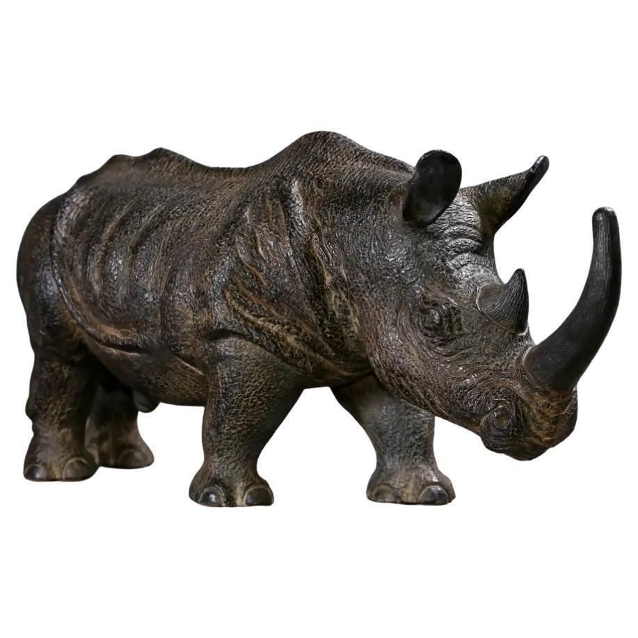 Naturalistic Sculpture Of A Rhinoceros In Dark Brown Terracotta   Size S