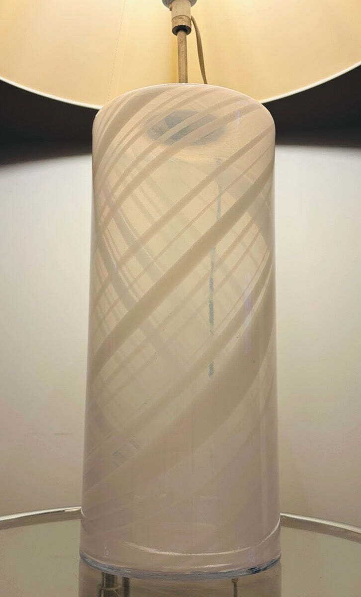 photo for sale 1980s ‘Misty’ Torben Jorgensen For Holmegaard Cylindrical Opaque Swirled Glass Table Lamp Inc Shade