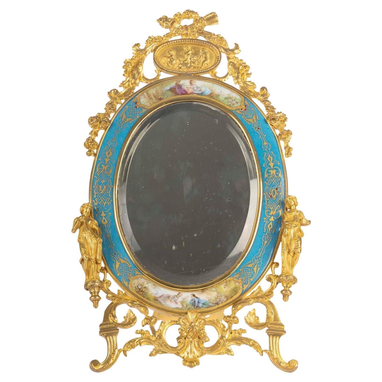 Napoleon III Period Table Mirror In Gilt Bronze And Sèvres Enameled Porcelain
