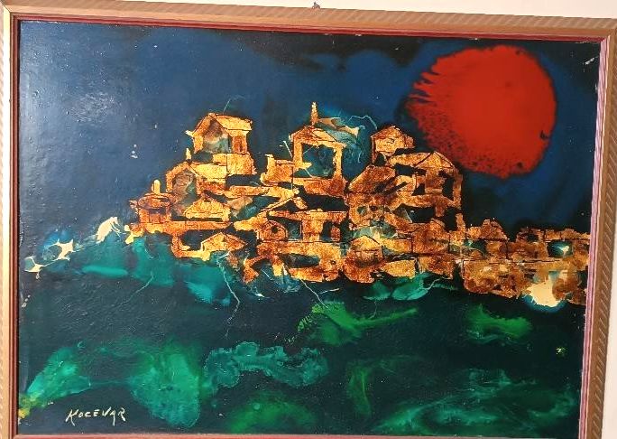 Abstract Painting Gold Leaf And Enamel Enzo Kocevar 70s photo Art