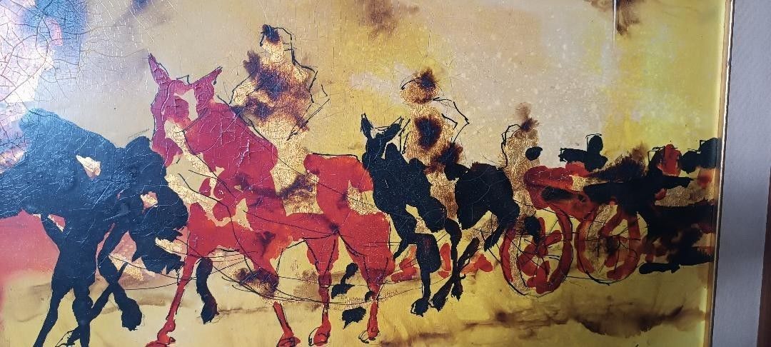 Abstract Painting Gold Leaf And Enamel Enzo Kocevar 70s Horse Horses photo 136.0