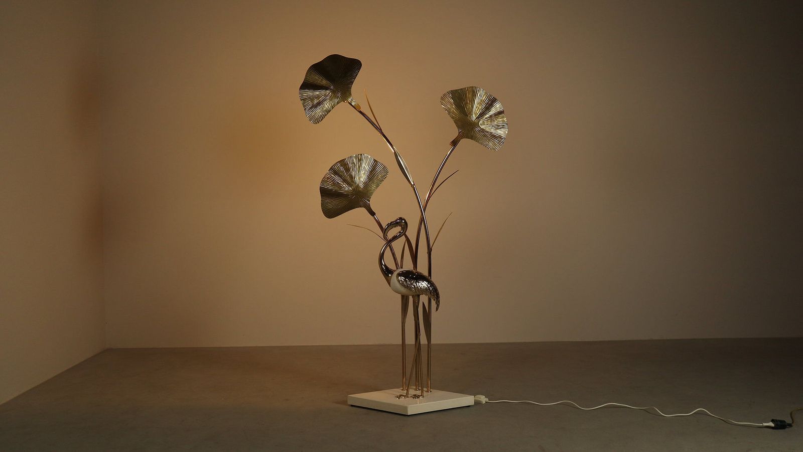 Large Brass Flamingo Floor Lamp With Sculptural Ginkgo Leaves, 1970s photo furniture