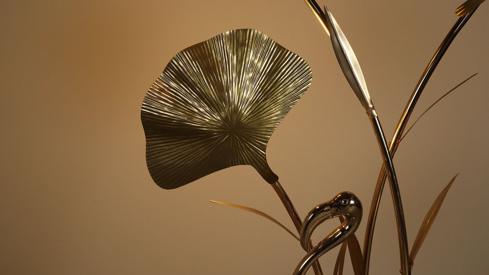 photo for sale Large Brass Flamingo Floor Lamp With Sculptural Ginkgo Leaves, 1970s