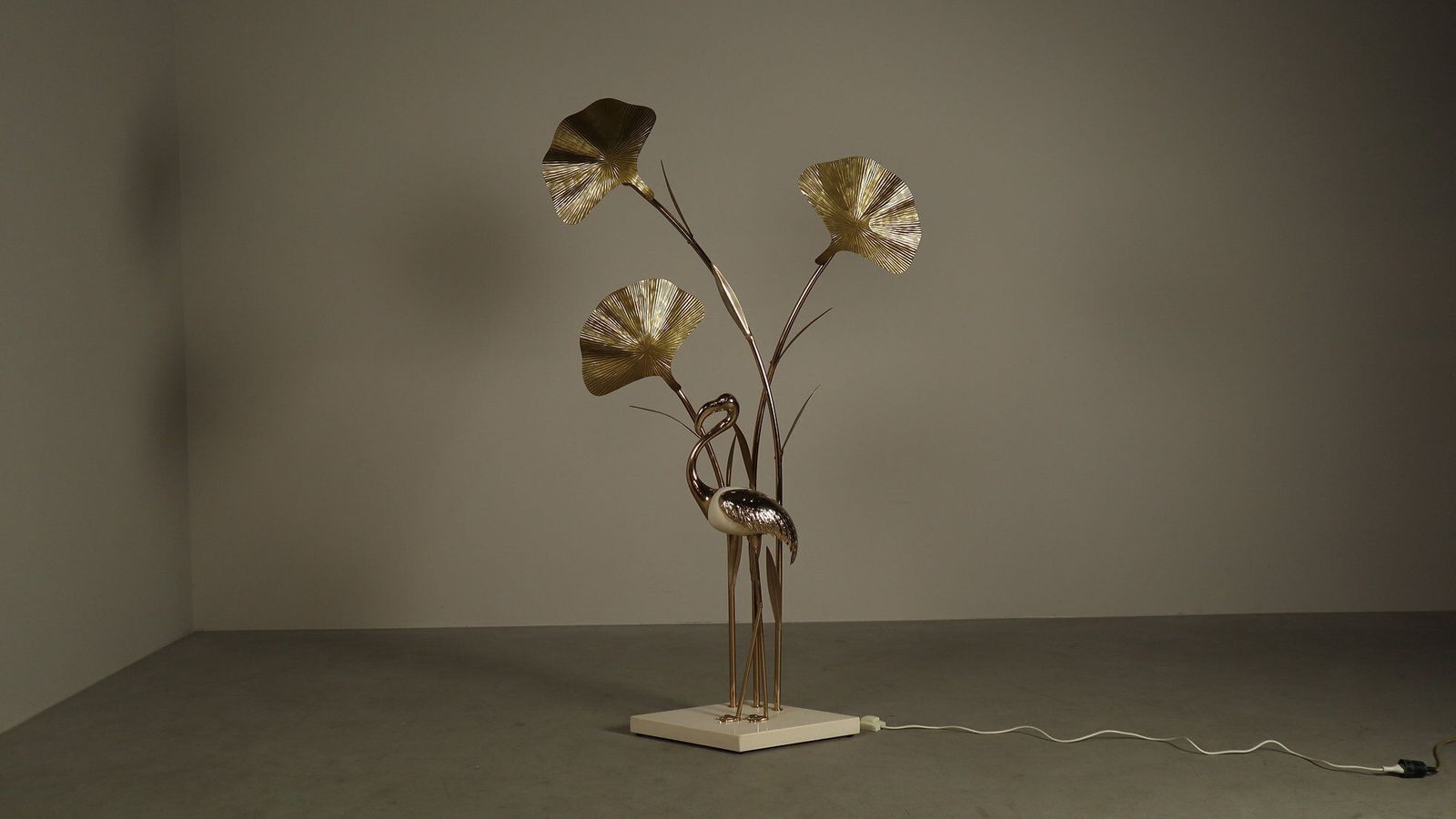 2821.0 Large Brass Flamingo Floor Lamp With Sculptural Ginkgo Leaves, 1970s photo