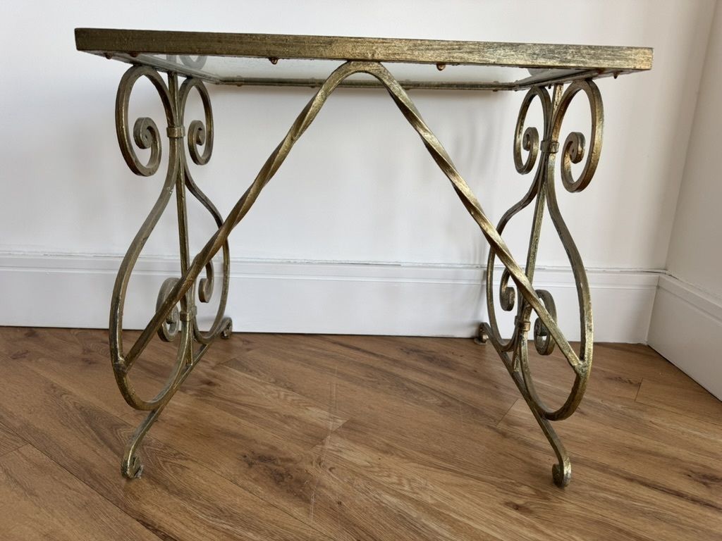 A Pair Of Gilt, Wrought Iron, Glass Top Side Tables photo for sale
