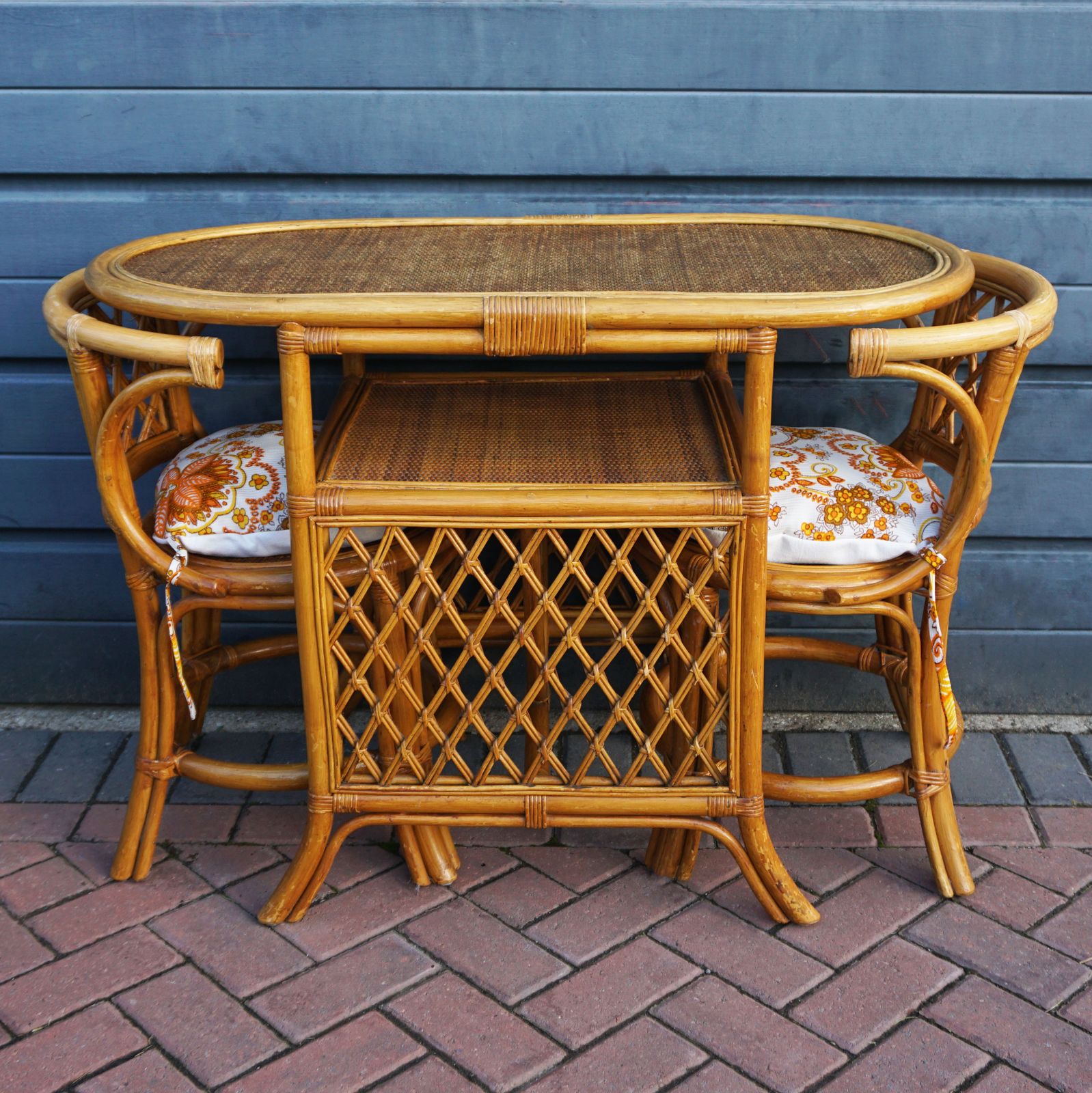 Mid Century Wicker & Cane Bamboo Compact Table & 2 Chair Bistro Set photo furniture