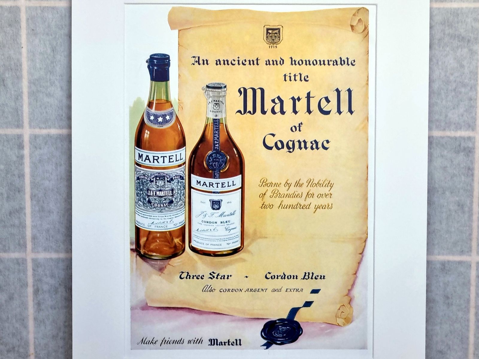 French Cognac Advertisement Print, Martell Cognac Scroll Design, 1950s Magazine Page Mounted, Classic Spirits Ephemera photo furniture