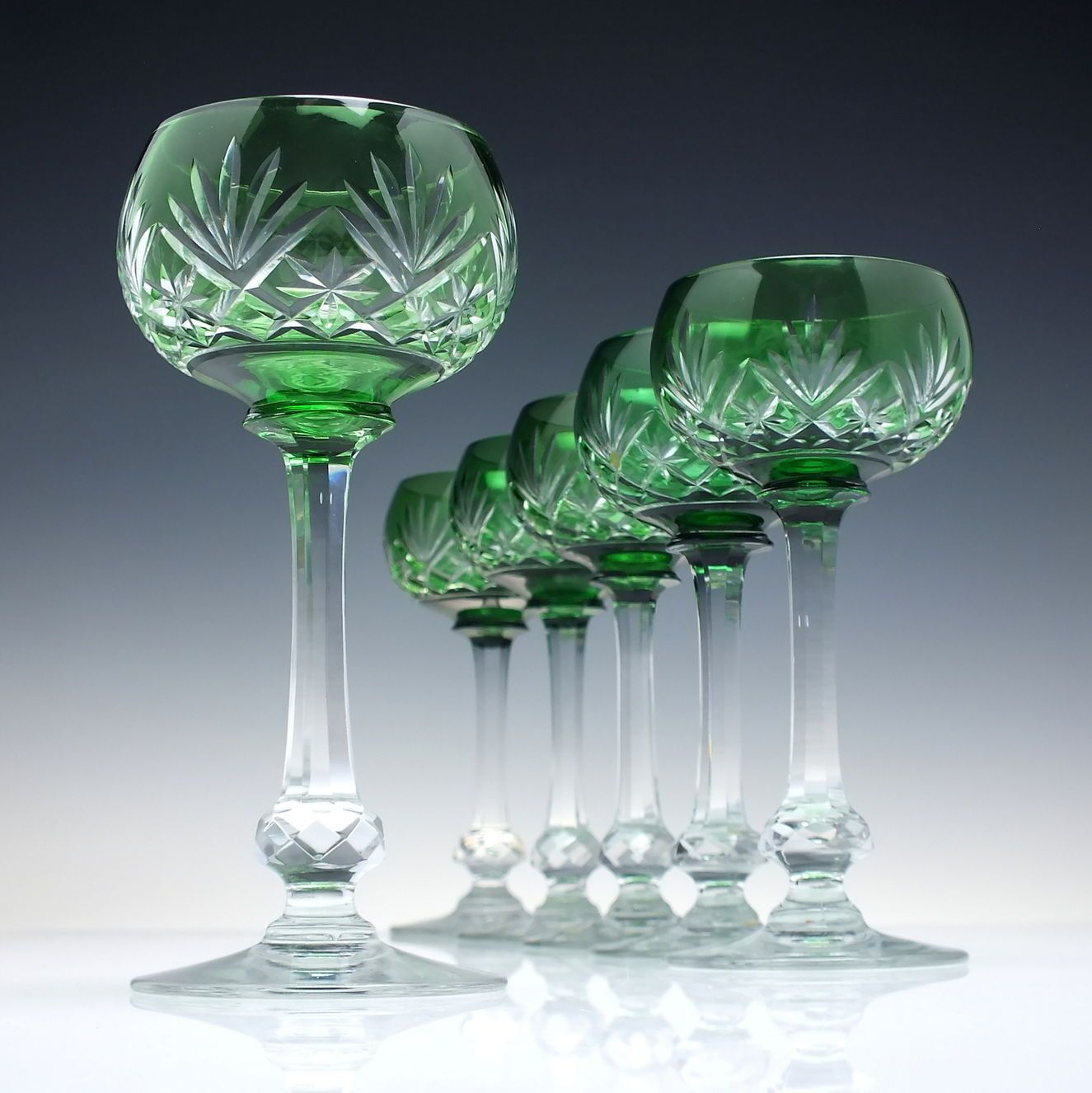 Six Antique French St Louis Massenet Green Hock Wine Glasses C1920