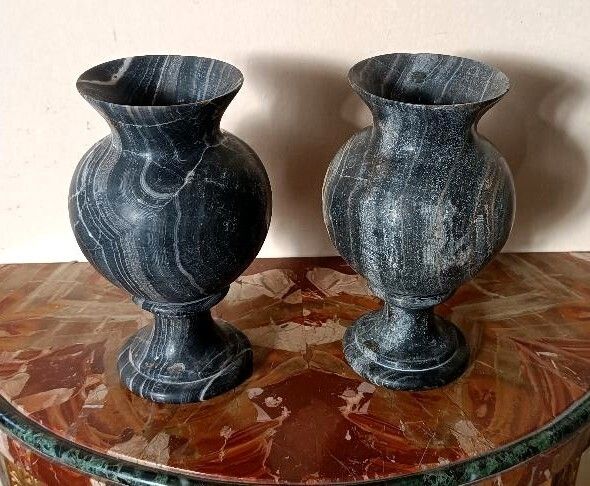 Pair Of Black Serpentine Marble Urns, Early 20th Century, Empire Style photo furniture
